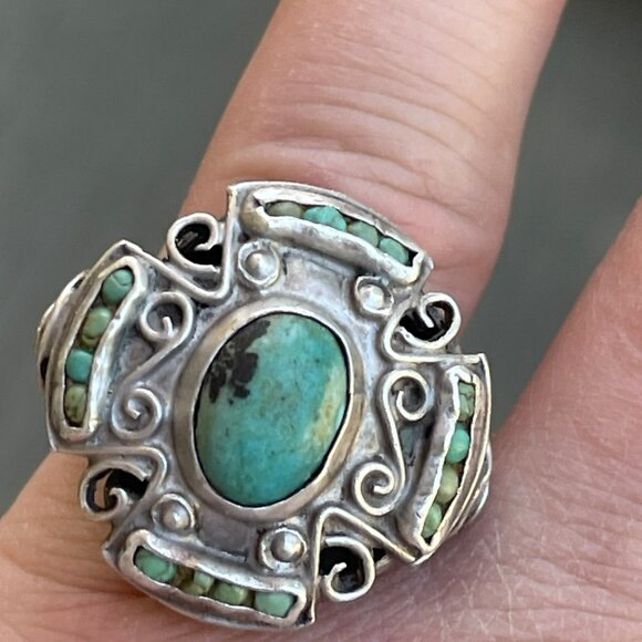 Vintage Sterling Silver Turquoise Ring Handmade Intricate Design Size 8 Boho Ch - Picture 2 of 11